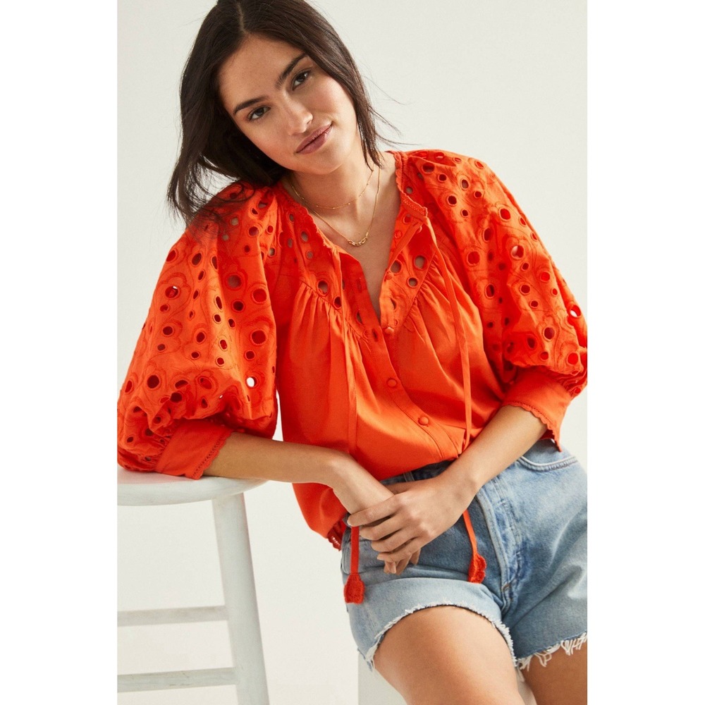 Anthropologie Chantal Eyelet Orange Puff Sleeve Button Down Crochet Tie Blouse S